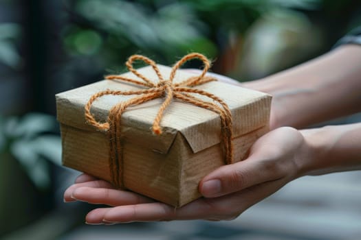 A woman is holding a brown box with a green ribbon on it. She is giving the box to another person