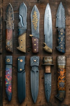 Top view of Damascus steel kitchen Knives on a wooden board.