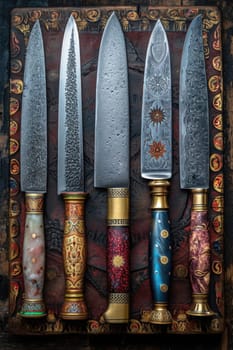 Top view of Damascus steel kitchen Knives on a wooden board.