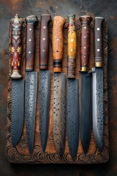 Top view of Damascus steel kitchen Knives on a wooden board.