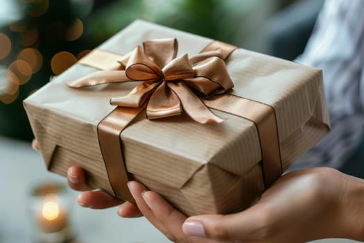 A woman is holding a brown box with a green ribbon on it. She is giving the box to another person