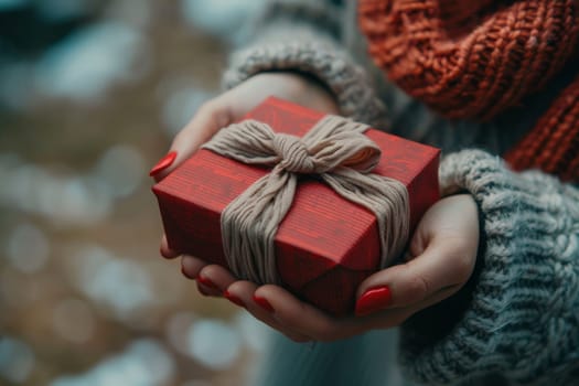 A woman is holding a brown box with a green ribbon on it. She is giving the box to another person