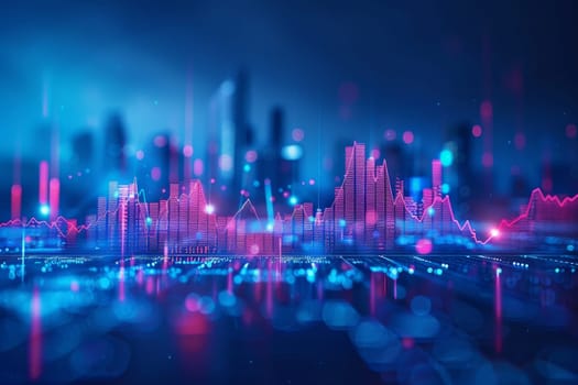 A city skyline is shown in red and blue with a lot of dots. The image is abstract and has a futuristic feel to it