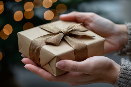 A woman is holding a brown box with a green ribbon on it. She is giving the box to another person