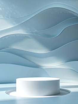 Podium and sculpture of a wave background. showcase and product concept.