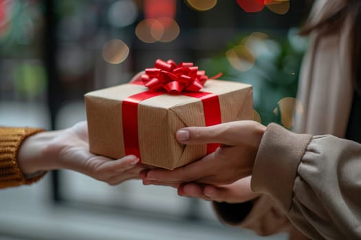 A woman is holding a brown box with a green ribbon on it. She is giving the box to another person