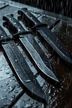 Black Damascus steel Knives on a wooden board in the rain.