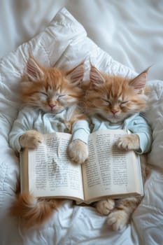 Two orange kittens are sleeping on a bed with a blue blanket. One of the kittens is wearing a blue shirt