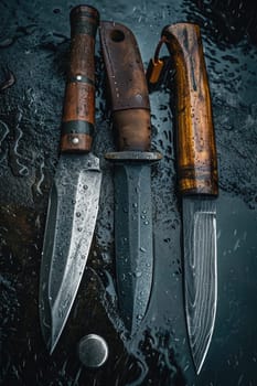 Black Damascus steel Knives on a wooden board in the rain.