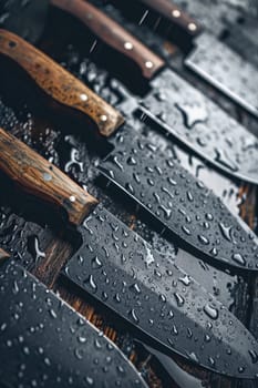 Black Damascus steel Knives on a wooden board in the rain.