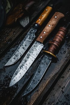 Black Damascus steel Knives on a wooden board in the rain.