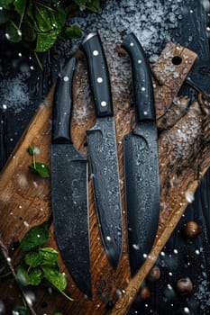 Knives made of Damascus steel on a wooden board.