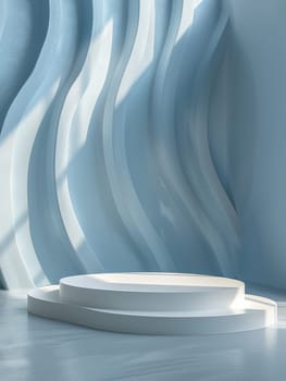 Podium and sculpture of a wave background. showcase and product concept.