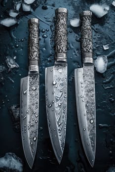 Knives made of Damascus steel on a wooden board.