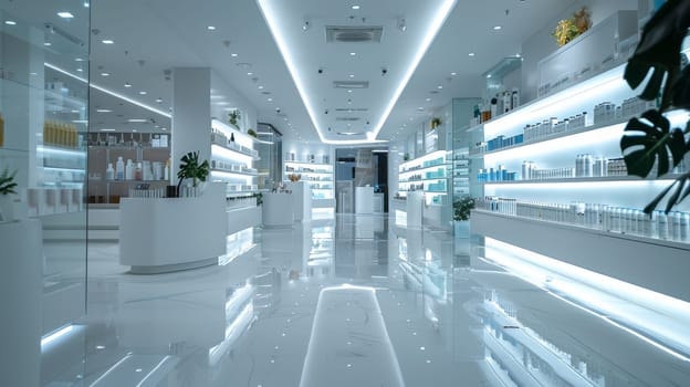 A large store with a bright blue ceiling and white walls. The store is filled with shelves of various products, including bottles and potted plants. The atmosphere is bright and inviting