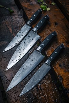 Knives made of Damascus steel on a wooden board.