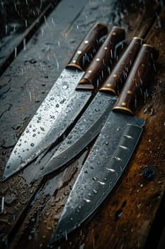 Knives made of Damascus steel on a wooden board.