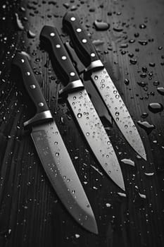 Knives made of Damascus steel on a wooden board.