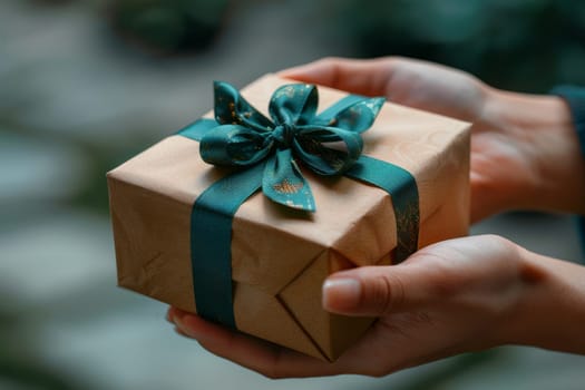 A woman is holding a brown box with a green ribbon on it. She is giving the box to another person