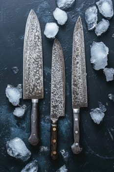 Knives made of Damascus steel on a wooden board.