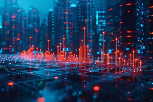 A city skyline is shown in red and blue with a lot of dots. The image is abstract and has a futuristic feel to it