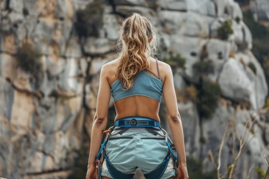 A woman is standing on a rocky mountain, wearing a blue top and blue shorts. She is holding onto a rope, possibly preparing for a climb. Concept of adventure and excitement