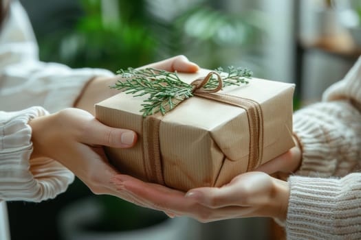 A woman is holding a brown box with a green ribbon on it. She is giving the box to another person