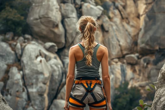 A woman with long blonde hair is standing on a rocky cliff. She is wearing orange pants and a grey shirt