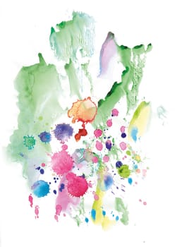 Drops and blots together with watercolor and gouache monotypes isolated on a white background for design and creating art effects