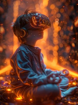 Boy wearing Virtual Reality goggles headset.