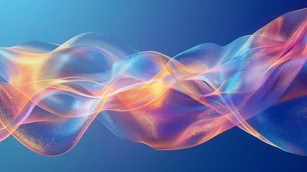 A colorful wave of light is displayed on a blue background. The colors are vibrant and the wave appears to be moving