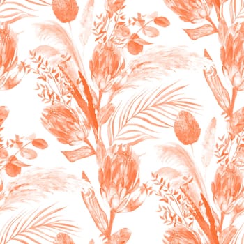 Monochrome watercolor seamless pattern with herbarium of protea flowers and tropical palm leaves on white for summer textiles of women's dresses and clothes