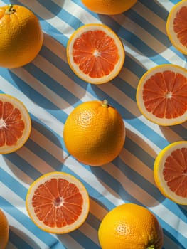 A close up of a bunch of oranges with one of them cut in half. The oranges are arranged in a pattern on a blue and white tablecloth