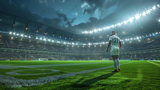 A soccer player stands on a field in front of a large crowd. The stadium is lit up, creating a bright and energetic atmosphere
