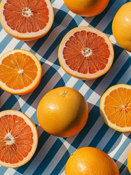 A close up of a bunch of oranges with one of them cut in half. The oranges are arranged in a pattern on a blue and white tablecloth