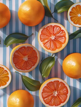 A close up of a bunch of oranges with one of them cut in half. The oranges are arranged in a pattern on a blue and white tablecloth