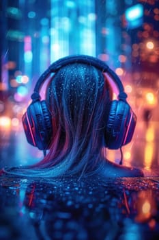 A girl in big headphones in the night neon light. Musical accompaniment of a night disco with neon lighting.