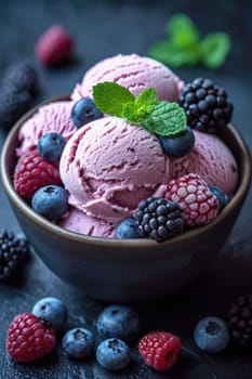 A plate with pink strawberry ice cream and fresh berries on a black background. View from above.