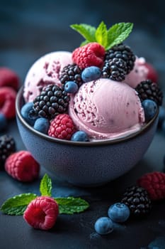 A plate with pink strawberry ice cream and fresh berries on a black background. View from above.