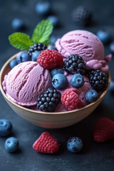 A plate with pink strawberry ice cream and fresh berries on a black background. View from above.