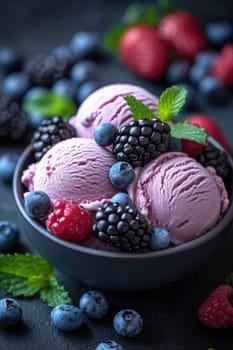 A plate with pink strawberry ice cream and fresh berries on a black background. View from above.