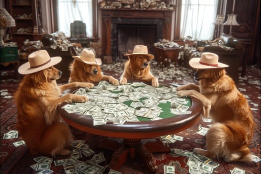 A group of dogs in hats sit at a table and play poker. Casino.