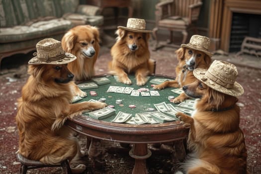 A group of dogs in hats sit at a table and play poker. Casino.