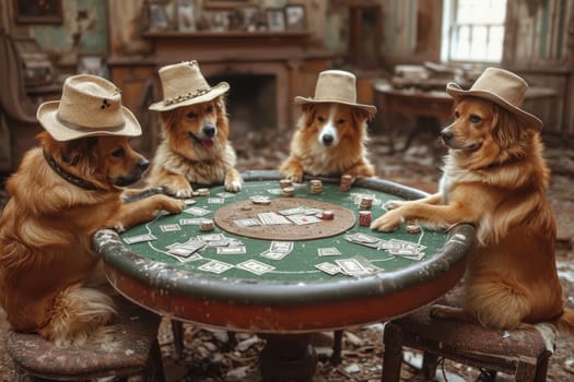 A group of dogs in hats sit at a table and play poker. Casino.