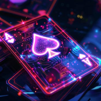 Close up of shining purple neon casino poker cards in dark tech scene.