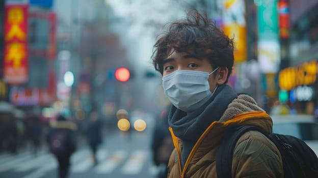 Young Asian man wears a mask on a city street. Protection against virus and poor air quality.