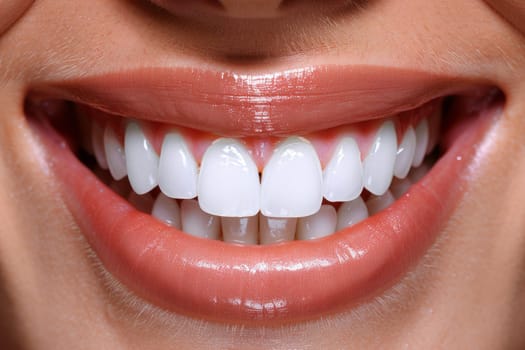 Close up of beautiful female smile after teeth whitening procedure. Dental care. Dentistry concept.