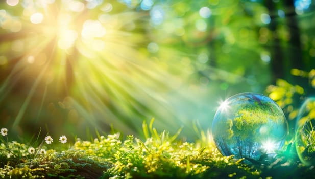 Globe on Grassy Field with Sunbeams and Lens Flare. Environmental Conservation and Sustainable Living Concept.