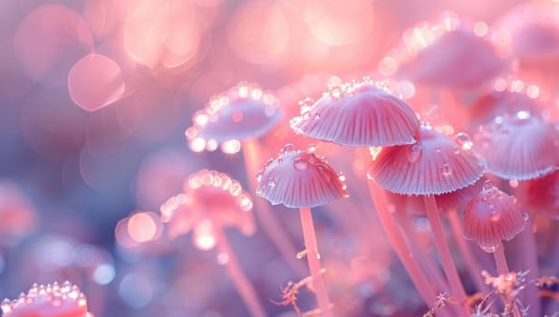 Macro photo of pink mushrooms in a forest with a beautiful blurred background.