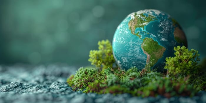 Planet Earth with green trees and moss growing on rocky surface against blurred background. Concept of global ecology, climate change, environmental protection, and sustainability